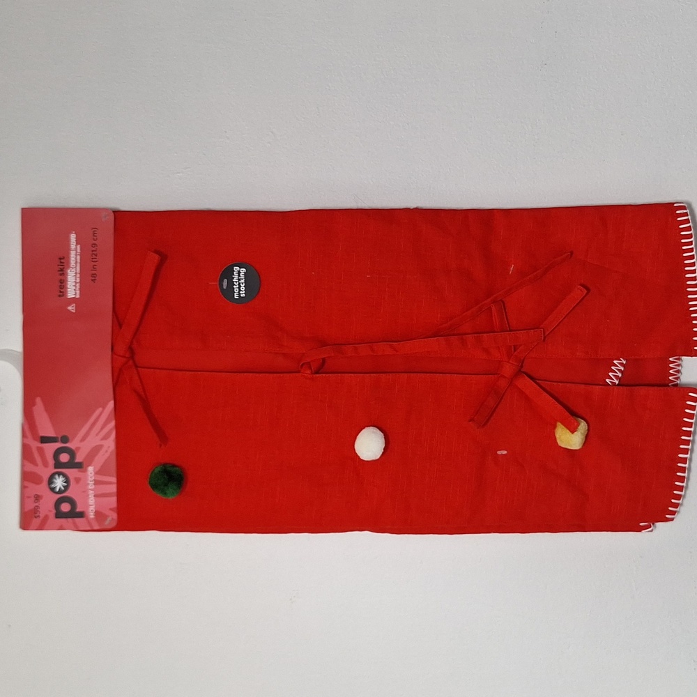 Pop Red Holiday Christmas Tree Skirt with Pom Poms